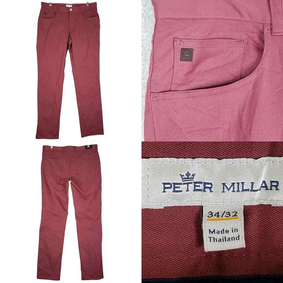 Peter Millar Pants Men's Size 34x32 Red Flat Front Straight Leg Twill Chino Golf - Picture 1 of 11